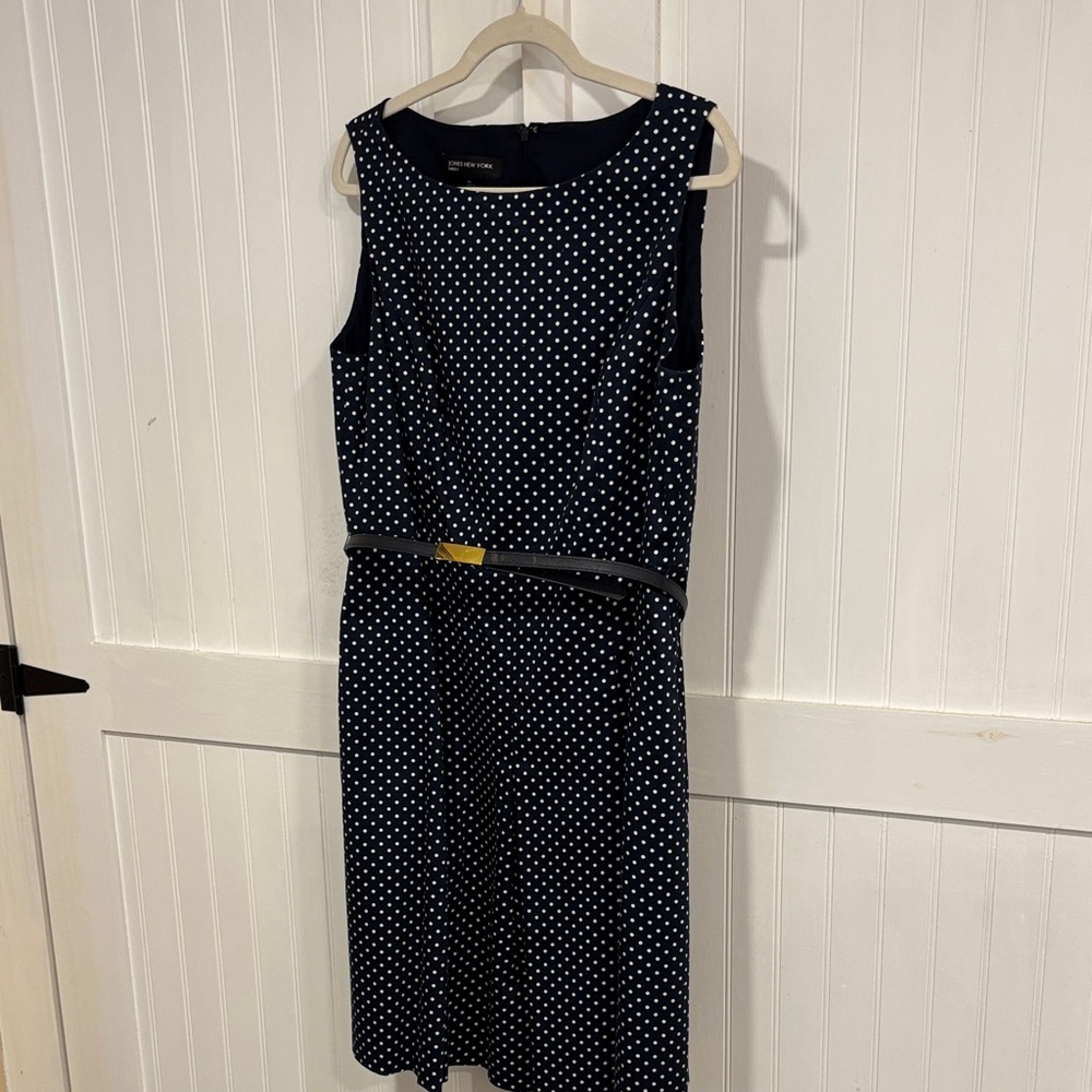 Jones New York black & White Polka Dot, lined, belted Midi Dress size 14